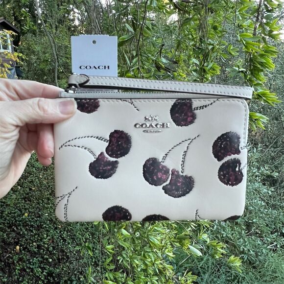 COACH Corner Zip Leather Wristlet With Purple Sequin Cherry Print CDF05 NWT